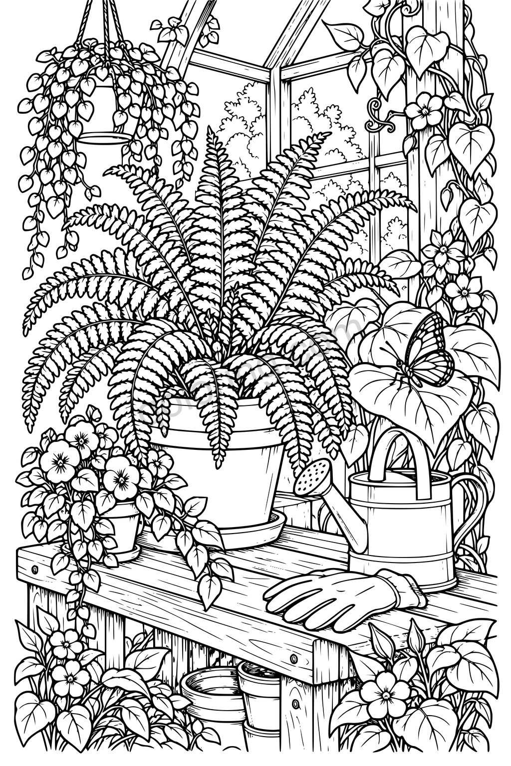 Potted fern on a greenhouse bench, with hanging plants, flowers, a butterfly, a watering can and gardening gloves.