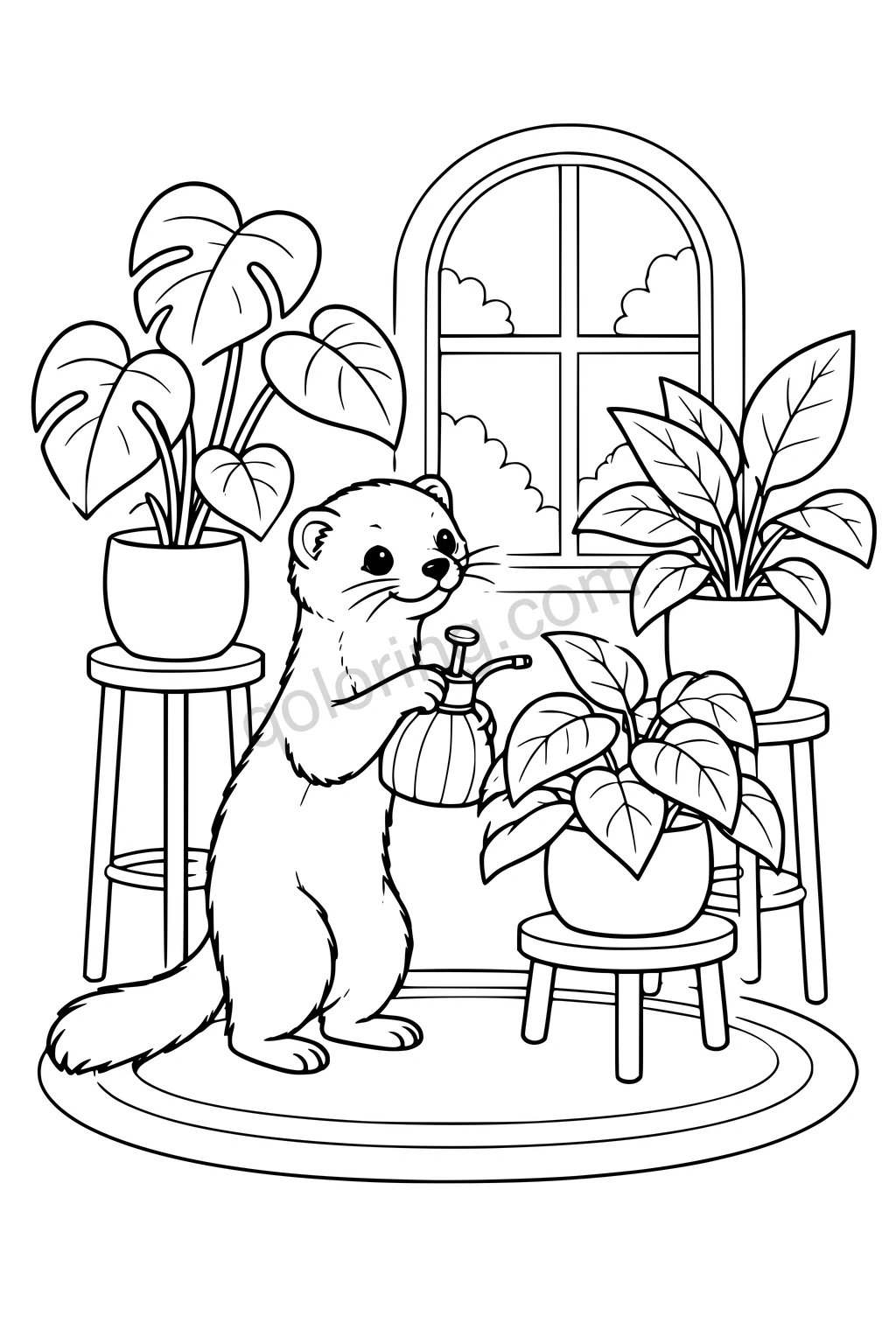 Black outline drawing of a ferret holding a rounded hand mister beside three widely spaced houseplants with broad leaves on stepped stands, with a simple oval rug and an arched window.
