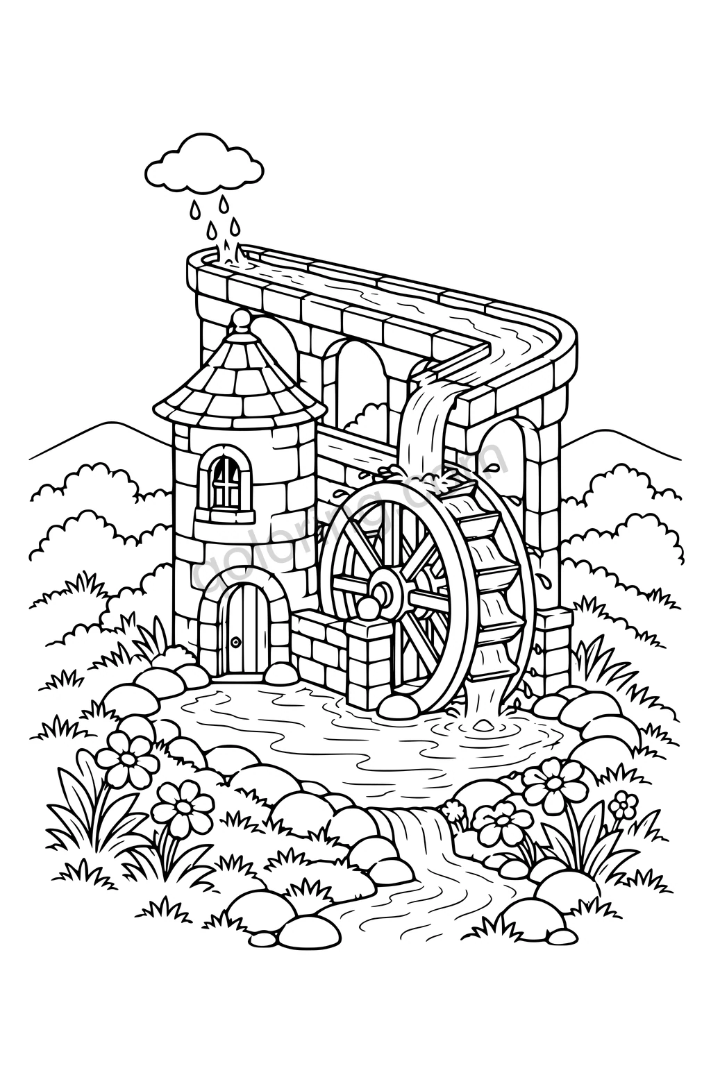 Black outline drawing of a raincloud feeding an aqueduct and tower waterwheel.