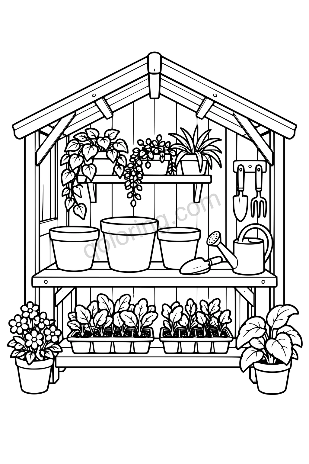 Black outline drawing of an open-front potting shed with a broad workbench, three large pots, a simple scoop, a watering can and two seedling trays with spacious leaves.