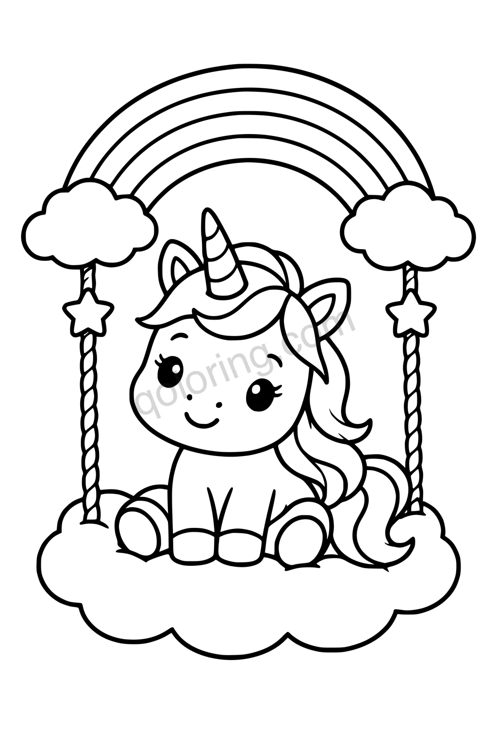 Black outline coloring page: Unicorn's Cloud Swing.
