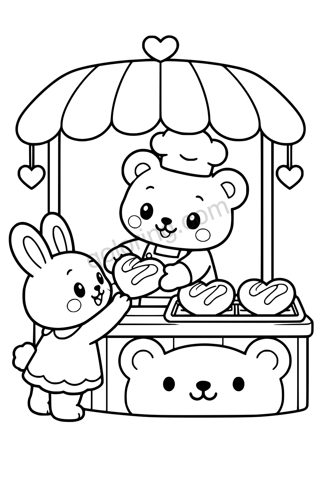 Black outline coloring page: Bear Bakery with Heart Buns.