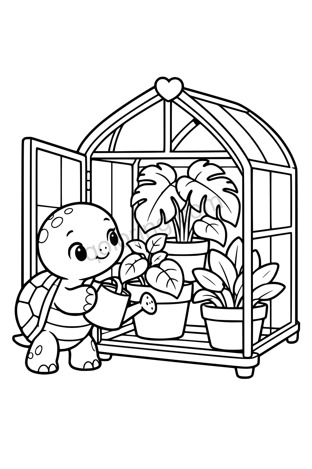 Black outline coloring page: Turtle's Tiny Greenhouse.