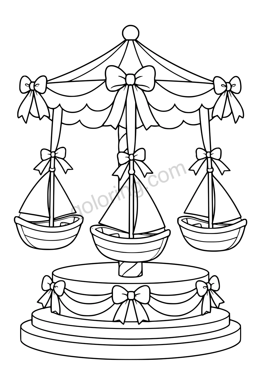 Black outline drawing of a carousel carrying three toy sailboats on broad ribbons.