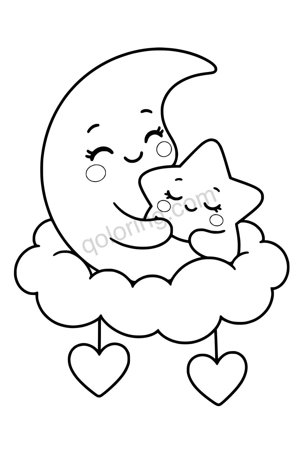 Black outline coloring page: Sleepy Star and Moon Friends.