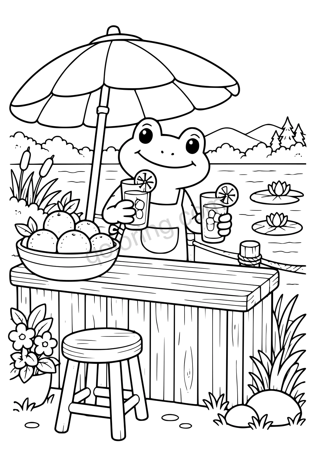 Frog holding two fruit drinks at a lakeside juice stand with oranges, parasol, stool, and water lilies.