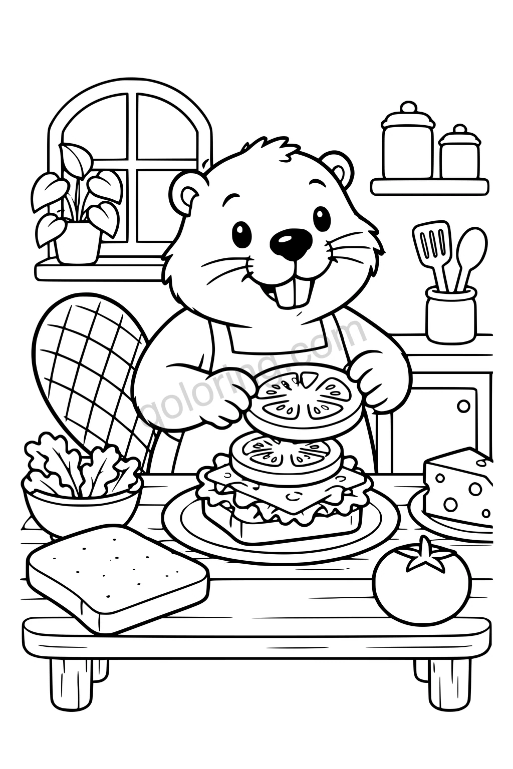 Black outline drawing of a beaver behind a kitchen table stacking a large sandwich with broad tomato slices, lettuce and cheese, with two bread slices and a simple plate.