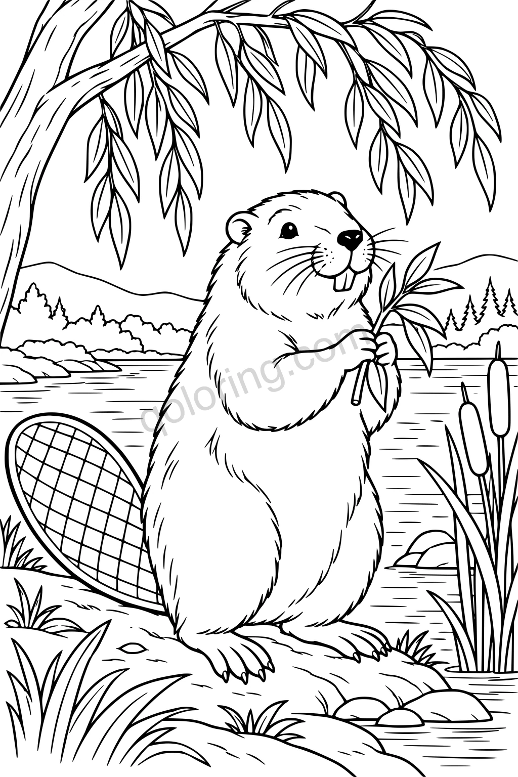 A beaver holds a leafy twig on a riverbank beneath a willow tree, with a broad patterned tail and cattails.