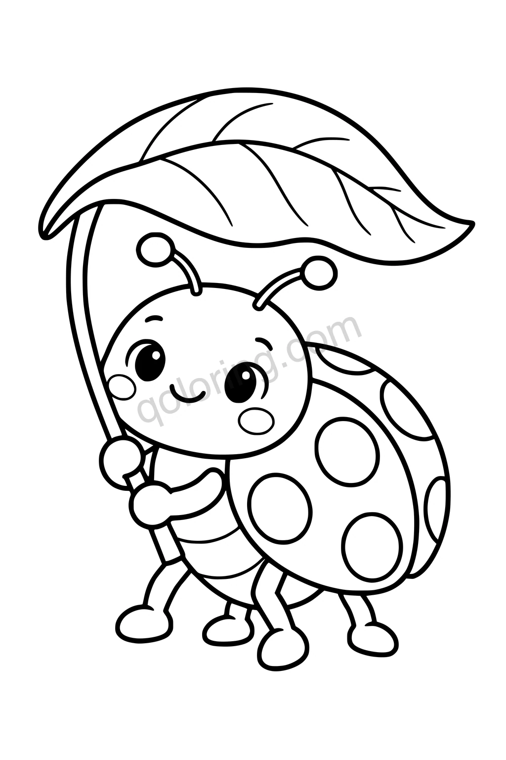 Black outline coloring page: Ladybug with a Leaf Umbrella.