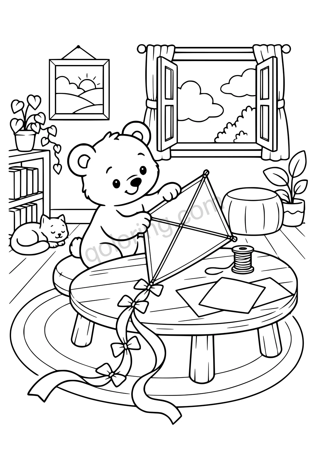 Bear making a diamond kite with ribbon tails, paper sheets, and a spool beside an open window and sleeping cat.
