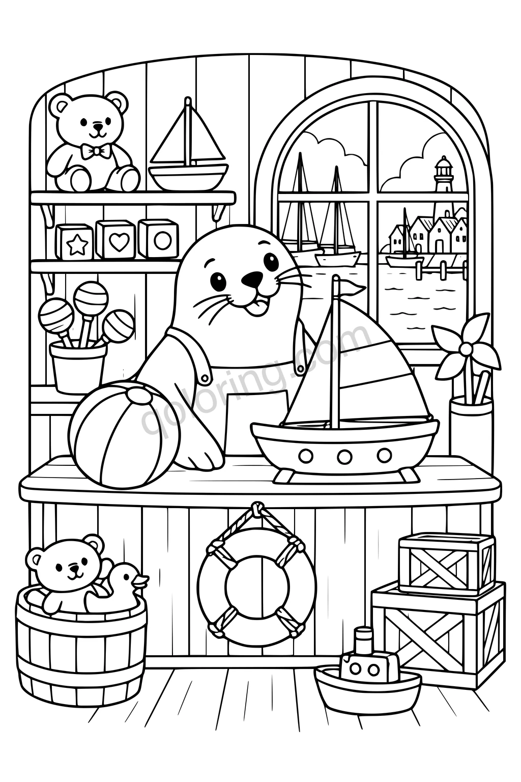 Seal in a harbor toy shop with toy sailboats, beach ball, teddy bears, blocks, and a harbor-view window.