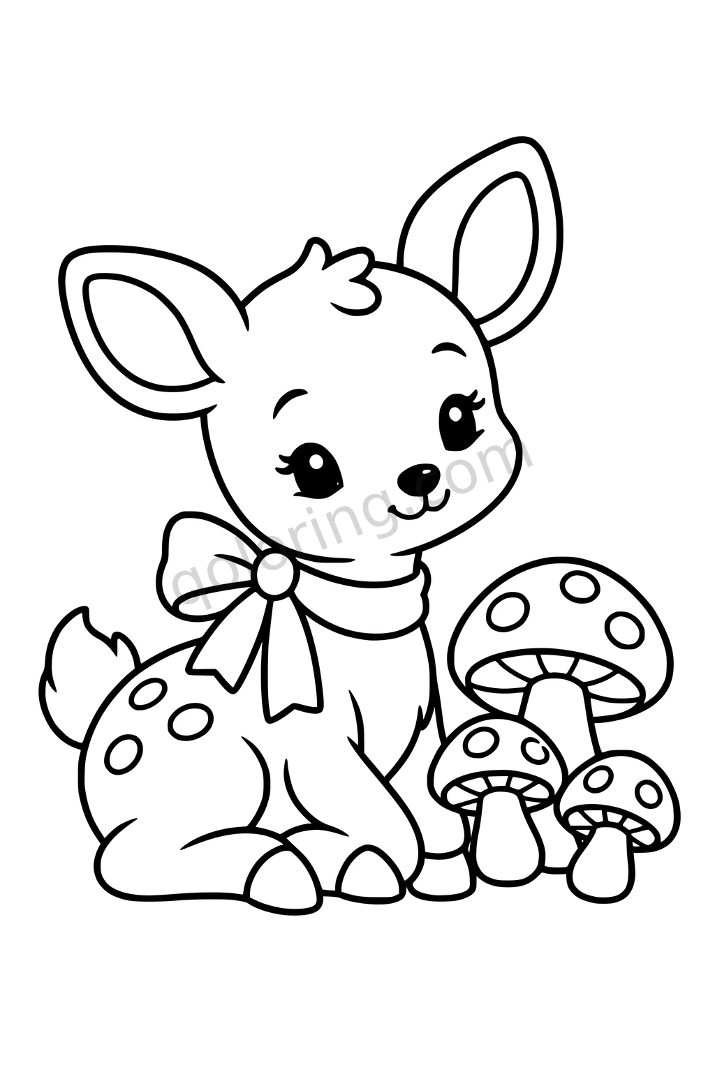 Black outline coloring page: Tiny Deer with a Ribbon Scarf.