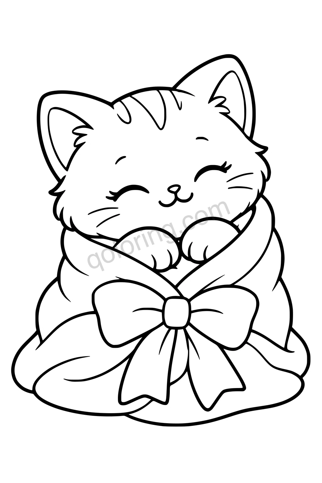 Black outline coloring page: Kitten Wrapped in a Bow Blanket.