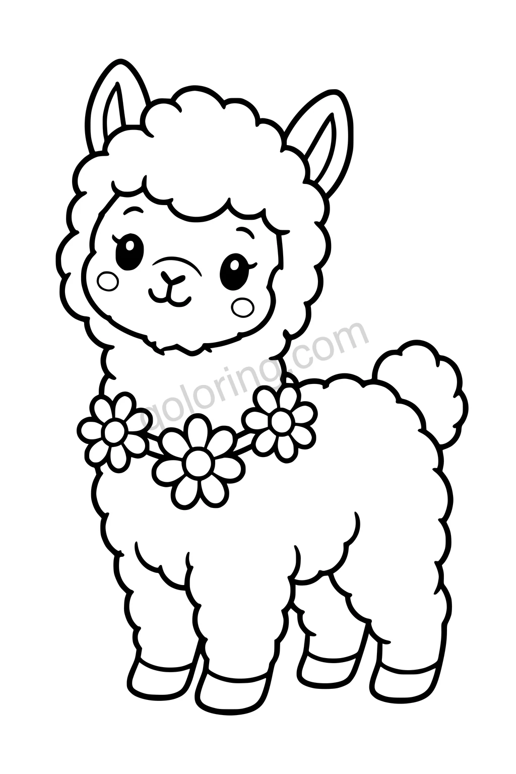 Black outline coloring page: Little Alpaca and the Daisy Garland.