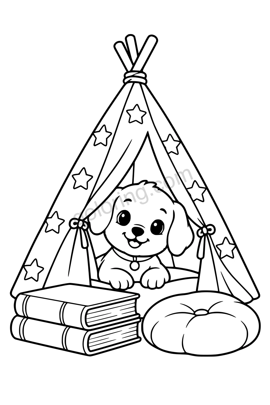 Black outline coloring page: Puppy's Little Reading Tent.