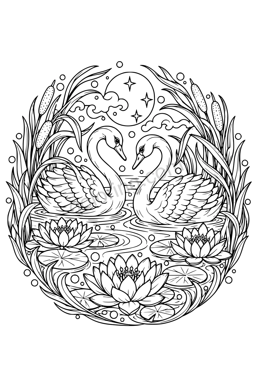 Two facing swans with curved necks sit among water lilies and reeds beneath a moon in an oval plant border.