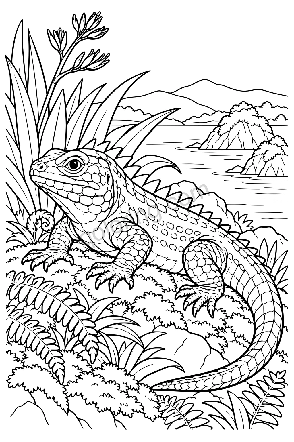 Black outline drawing of a tuatara on a fern-covered hill.