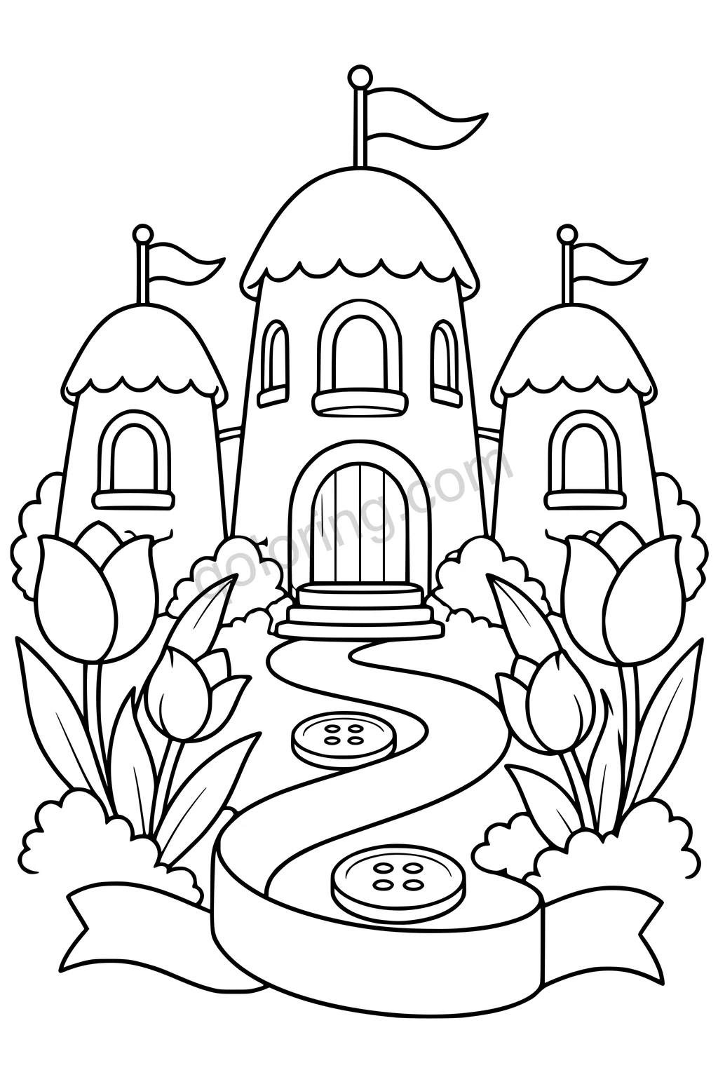 Black outline drawing of a rounded castle above a ribbon road with button stepping stones.