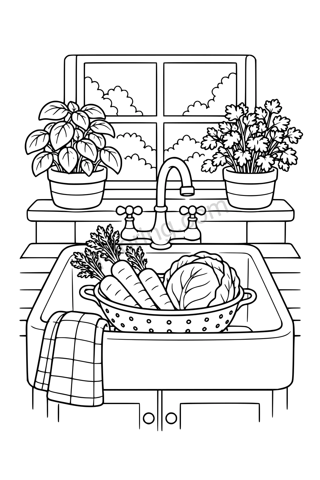 Black outline drawing of a spacious rounded farmhouse sink with a simple tap, three large carrots and a cabbage in a colander, a folded towel and two broad herb pots on the sill.