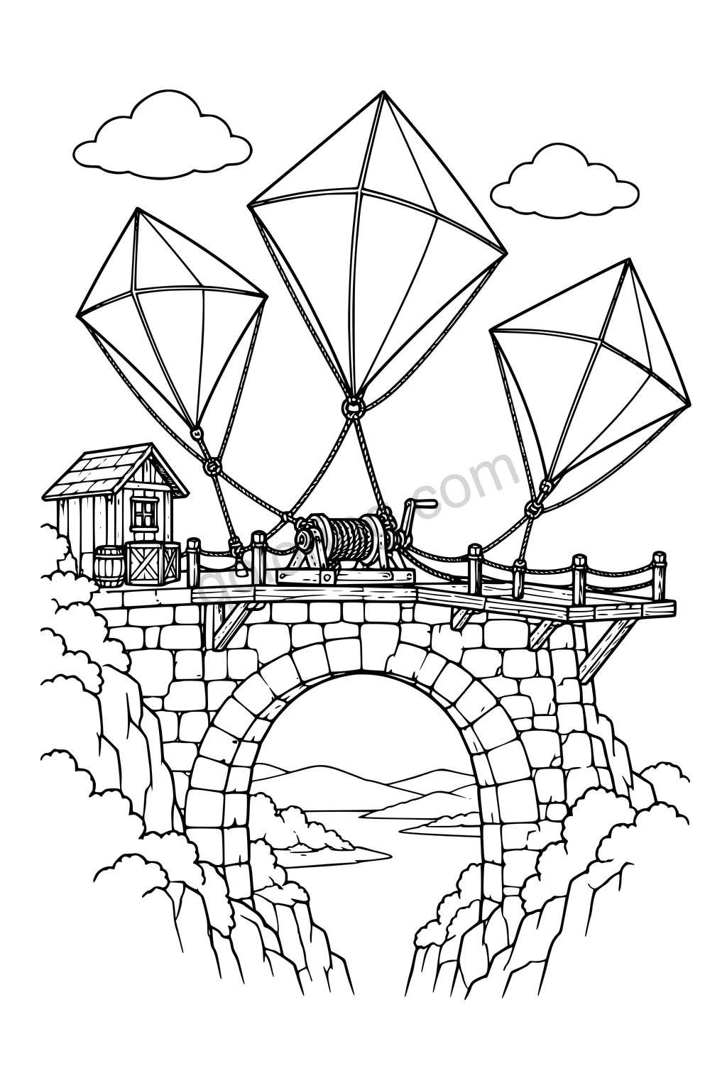 Black outline drawing of three kites tethered to a harbor platform above a stone arch.