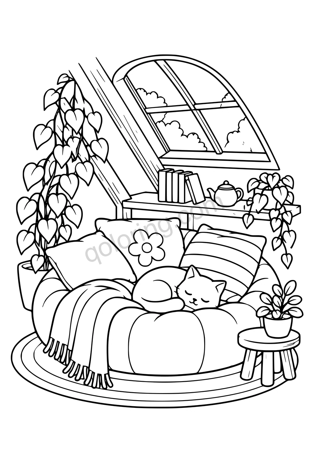 Sleeping cat on a round cushion nest under an attic skylight with broad pillows, books, plants and a teapot.