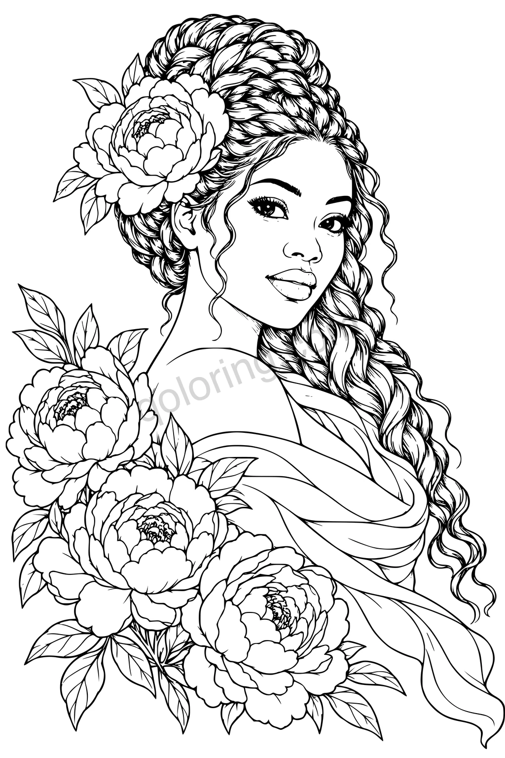 Black-line portrait of a woman with a braided crown, a draped silk scarf, peony blossoms and leaves.