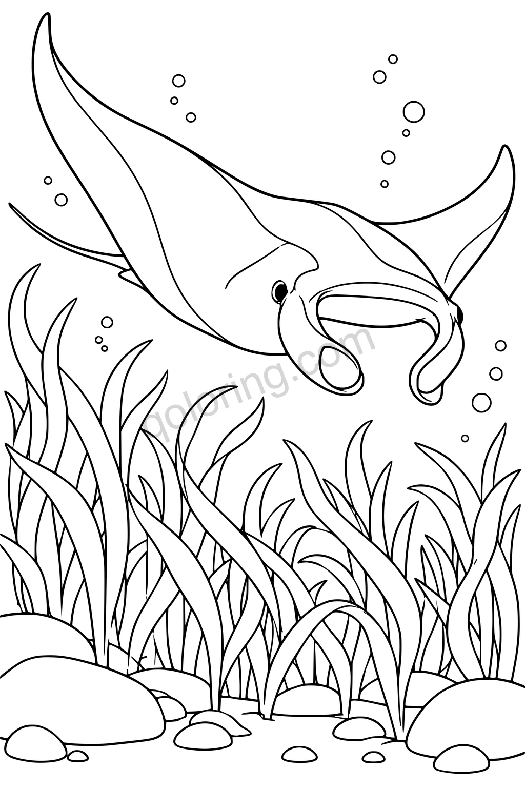 A manta ray glides above broad seagrass blades and rounded seabed stones, with bubbles nearby.