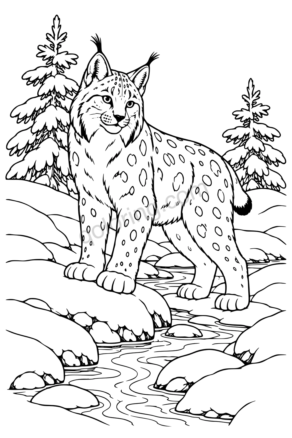 Black outline drawing of a lynx beside a snowy brook.