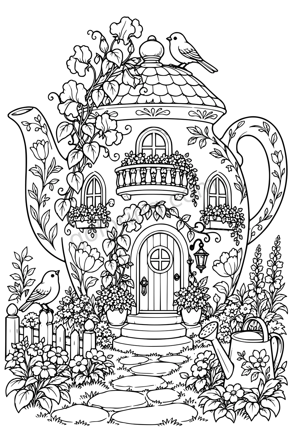 A teapot cottage with a handle and spout stands among flowers, with two birds and a stone path to its round-topped door.