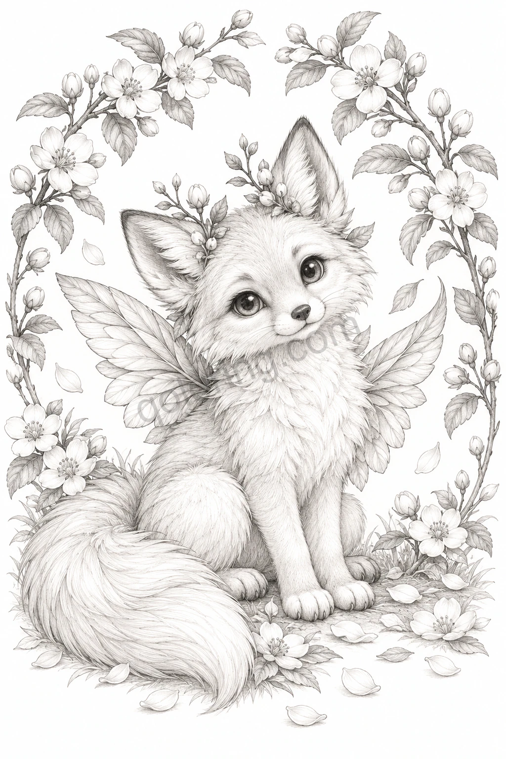 A young winged fox with a fluffy tail sits beneath an arch of apple blossoms.