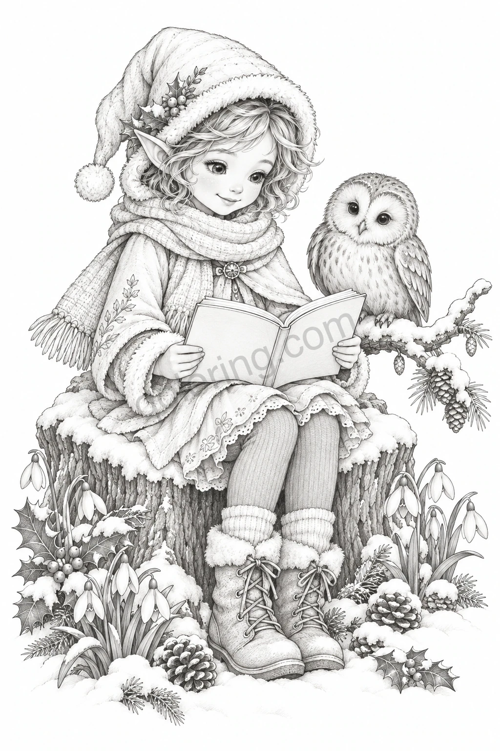 A small forest storykeeper in a knitted winter hat reads a book beside an owl and snowdrops.