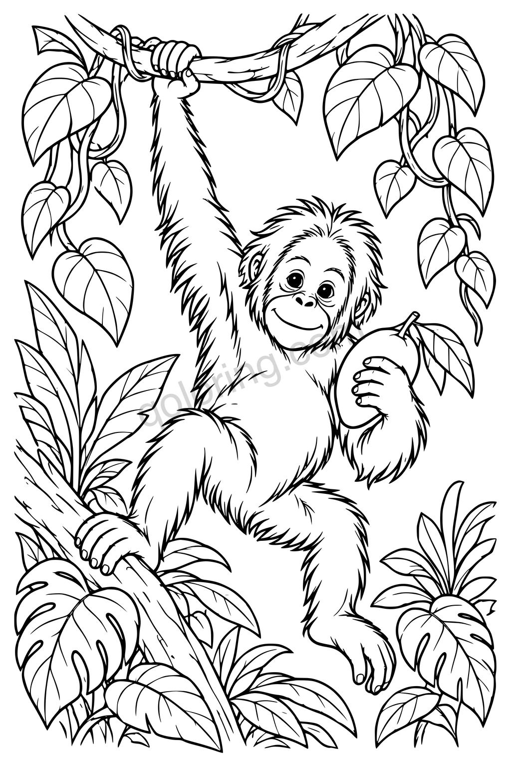 Black outline drawing of an orangutan on a liana swing.