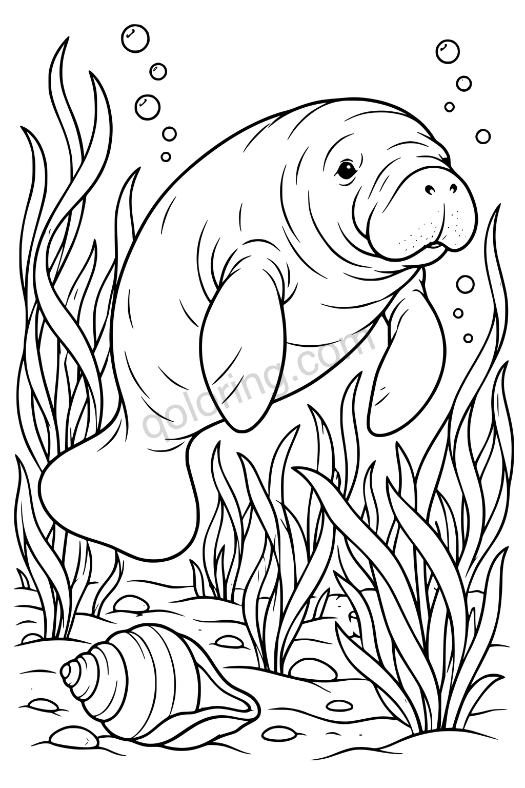 Black outline drawing of a manatee in a seagrass meadow.
