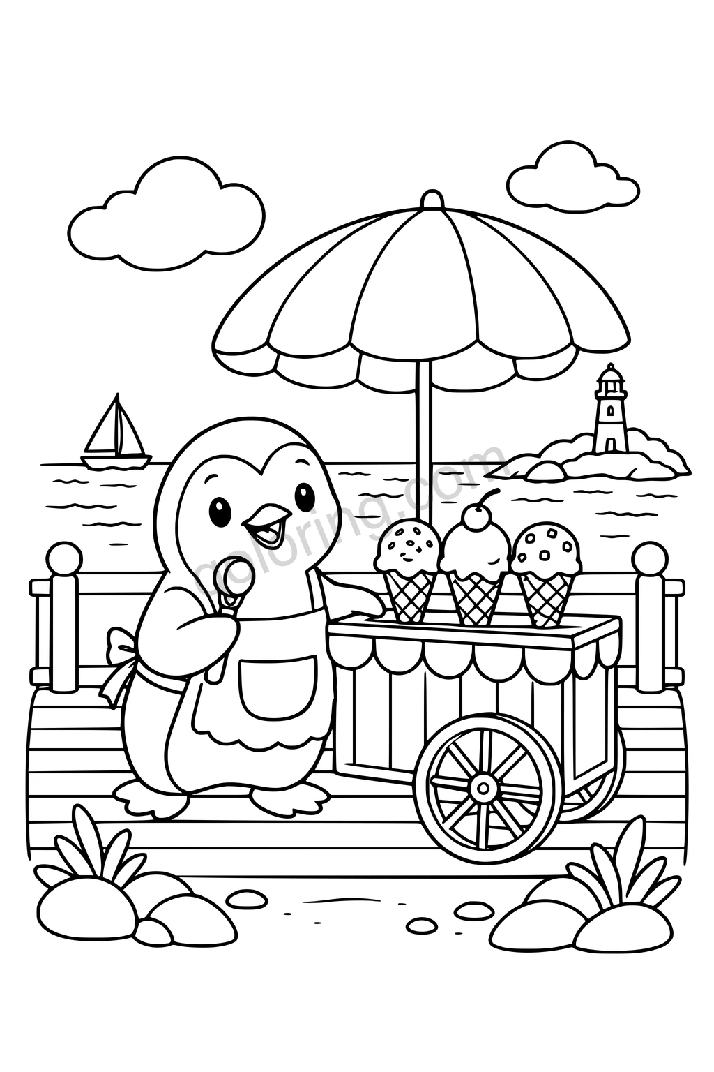 Penguin with an ice cream cart, three cones, parasol, sailboat, and distant lighthouse.