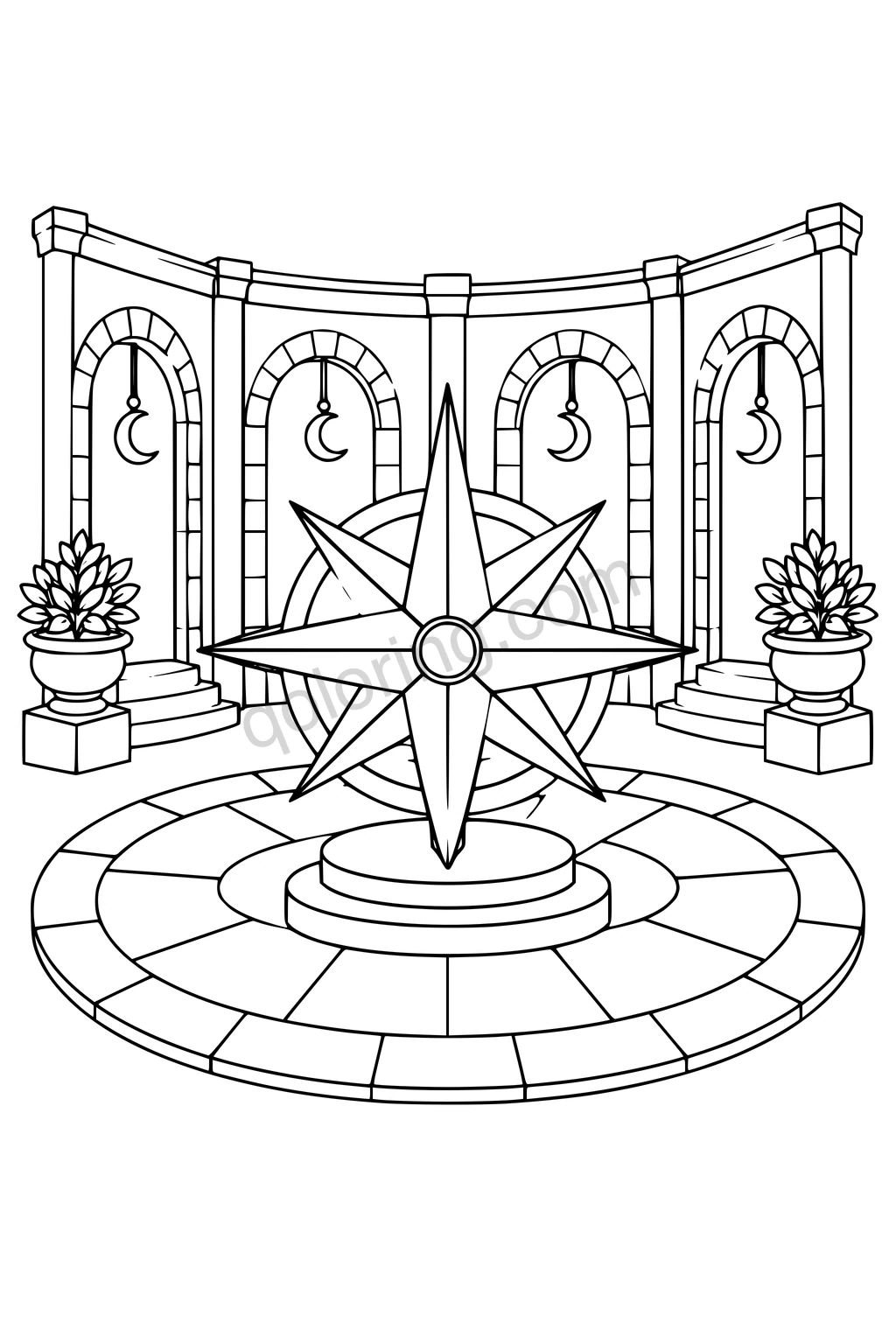 Black outline drawing of a compass sculpture in a circular plaza surrounded by four arches.