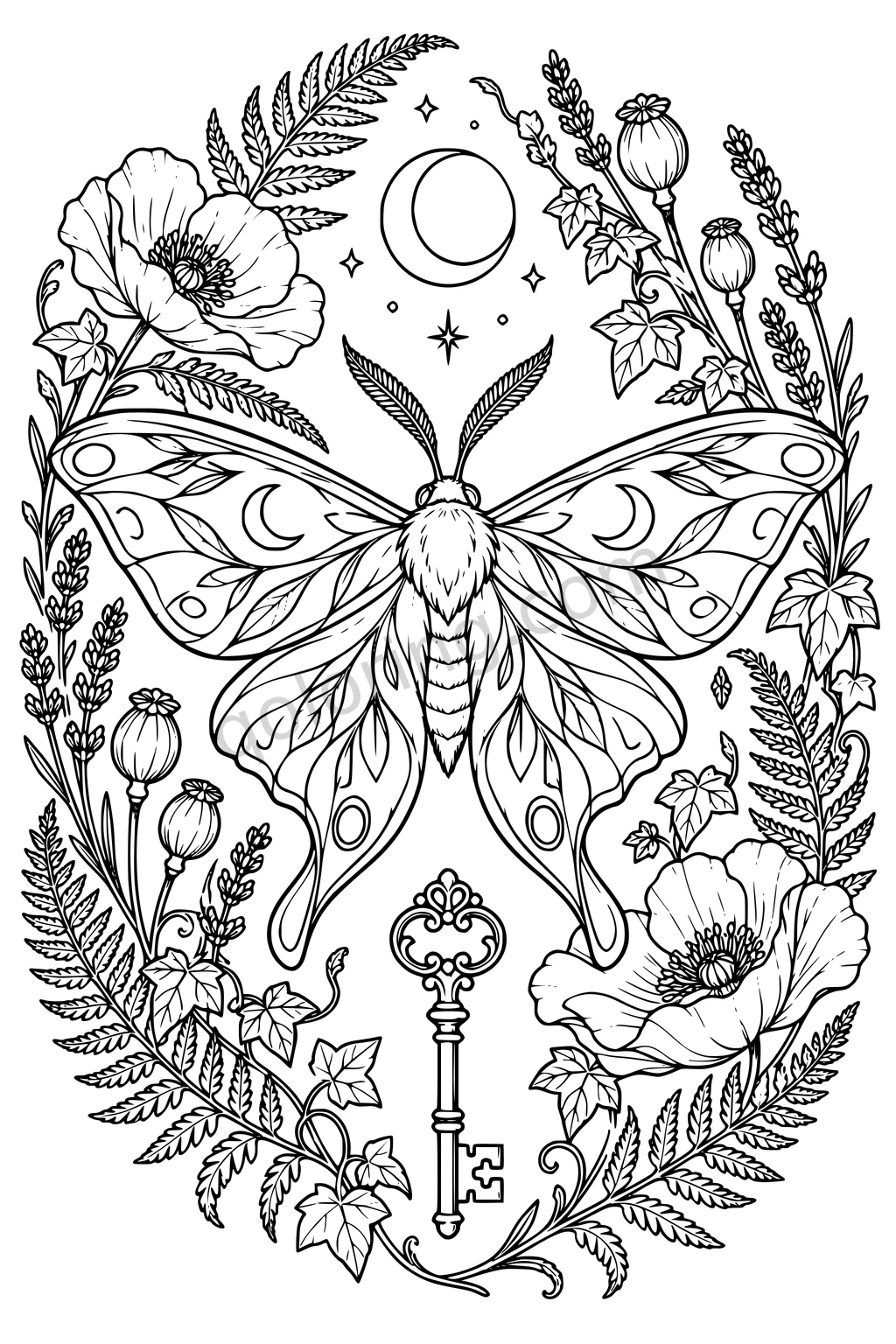 A decorative moth spreads four patterned wings inside a botanical wreath with poppies, ferns, a crescent moon and a key.
