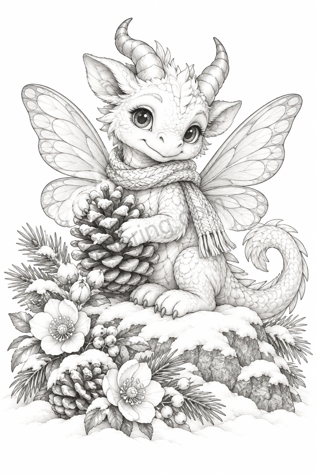 A small horned dragon with delicate wings and a knitted scarf hugs a pinecone among snowy flowers.
