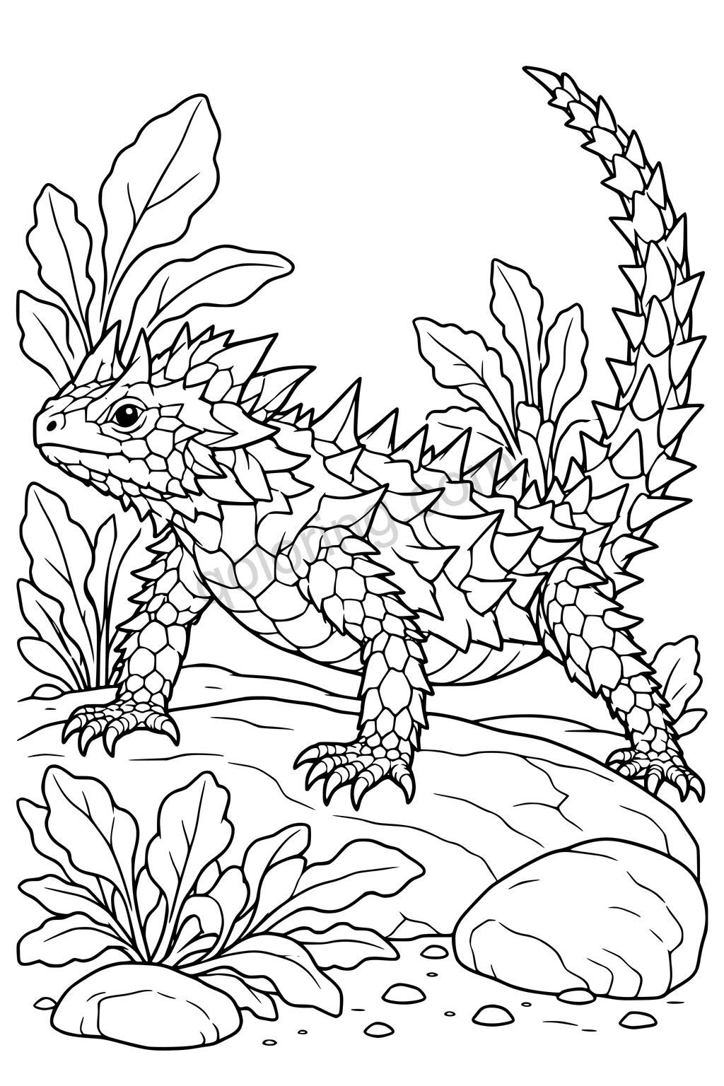 Black outline drawing of a thorny devil among desert stones.