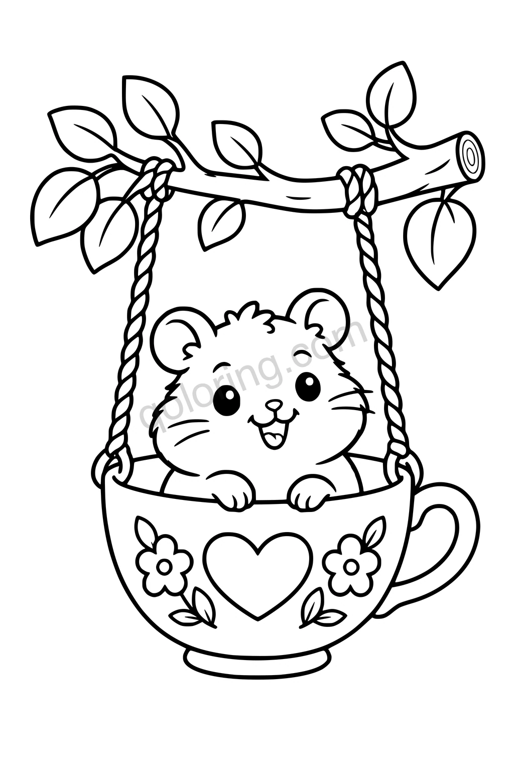 Black outline coloring page: Hamster in a Teacup Swing.