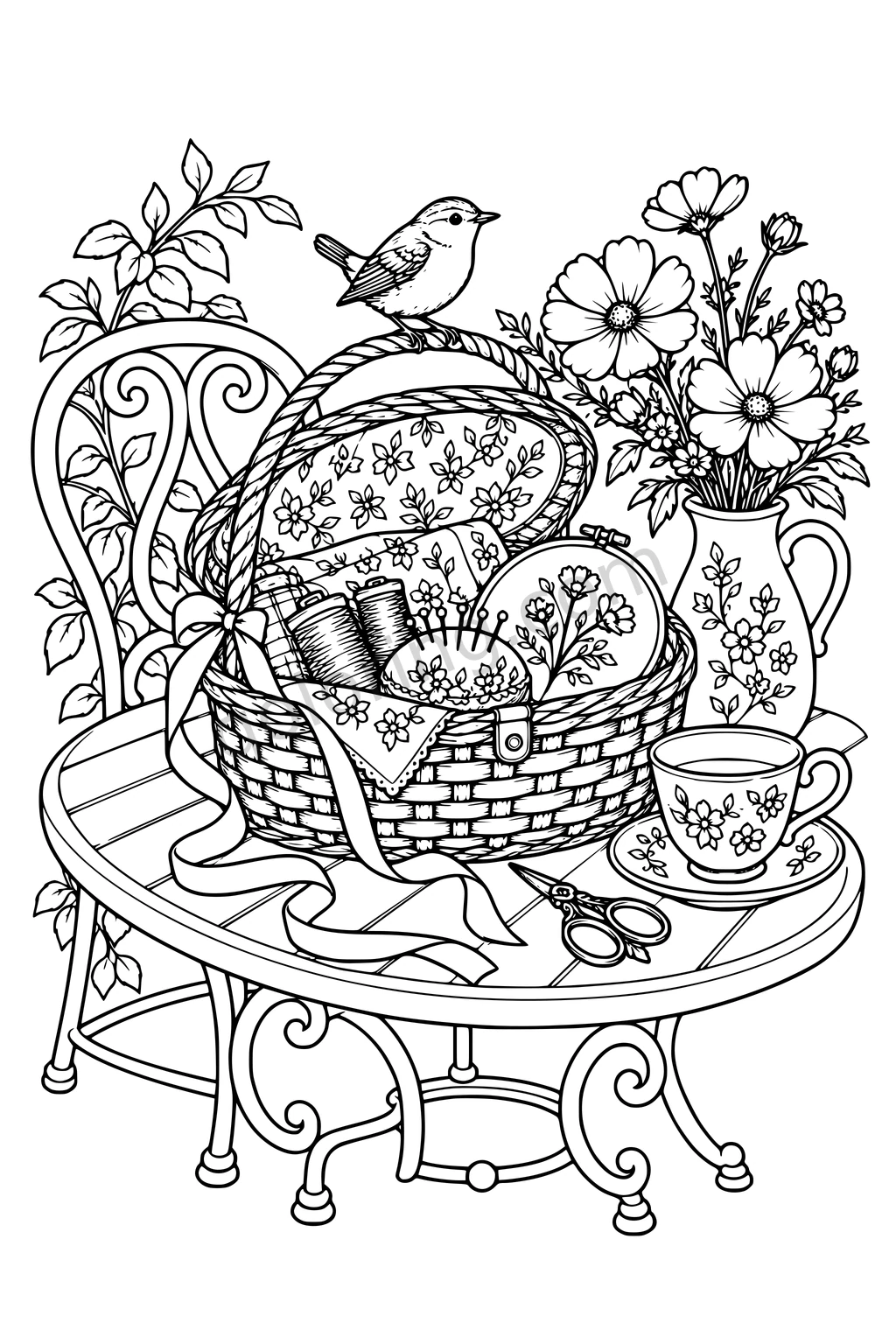 An open wicker sewing basket holds fabric, spools and an embroidery hoop beside a teacup, scissors and a flower-filled pitcher.