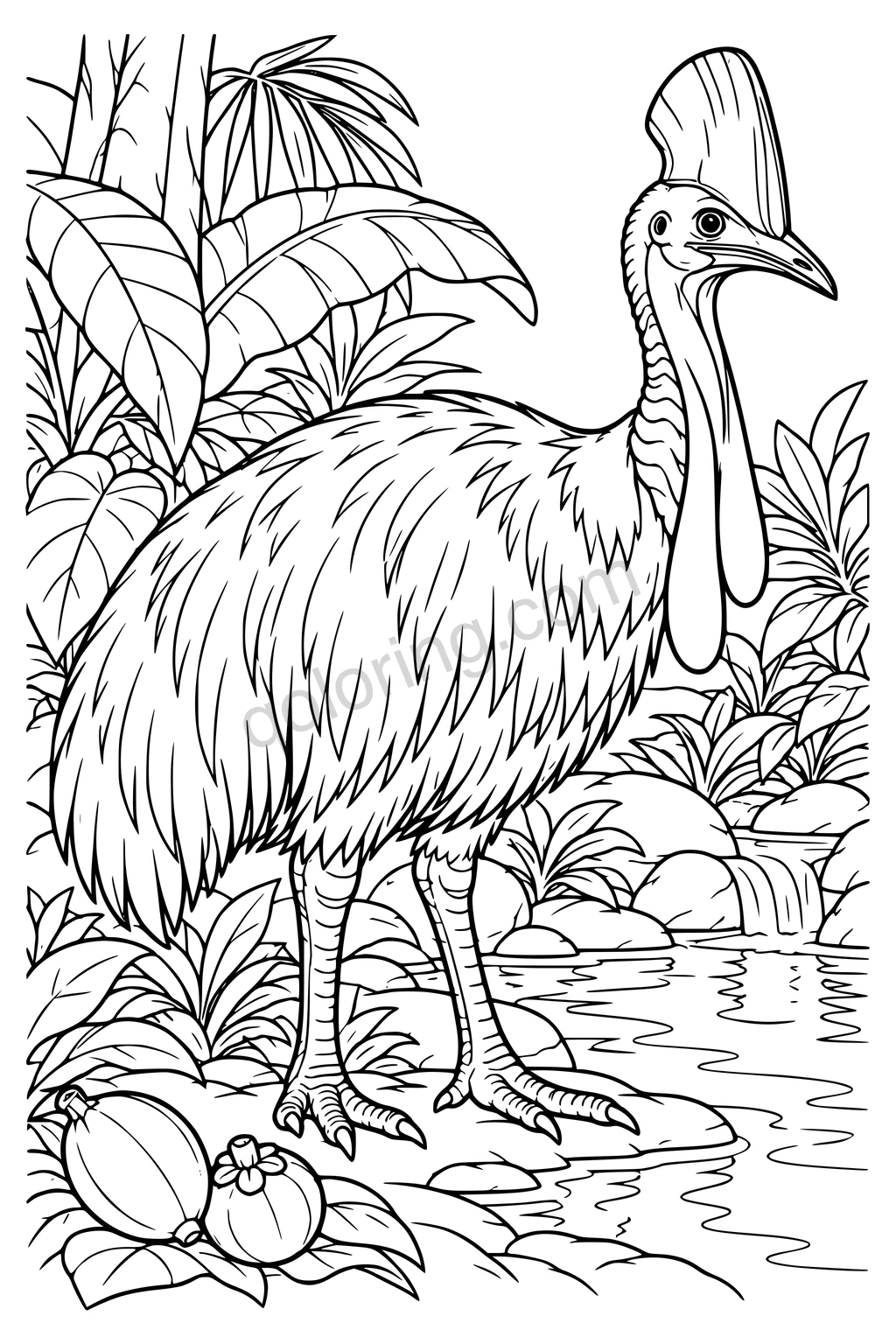 Black outline drawing of a cassowary at a rainforest pool.