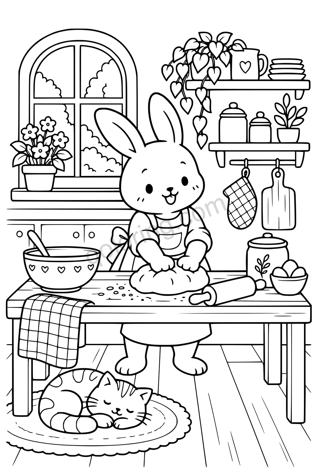 An aproned rabbit kneading dough at a kitchen table while a cat sleeps underneath.