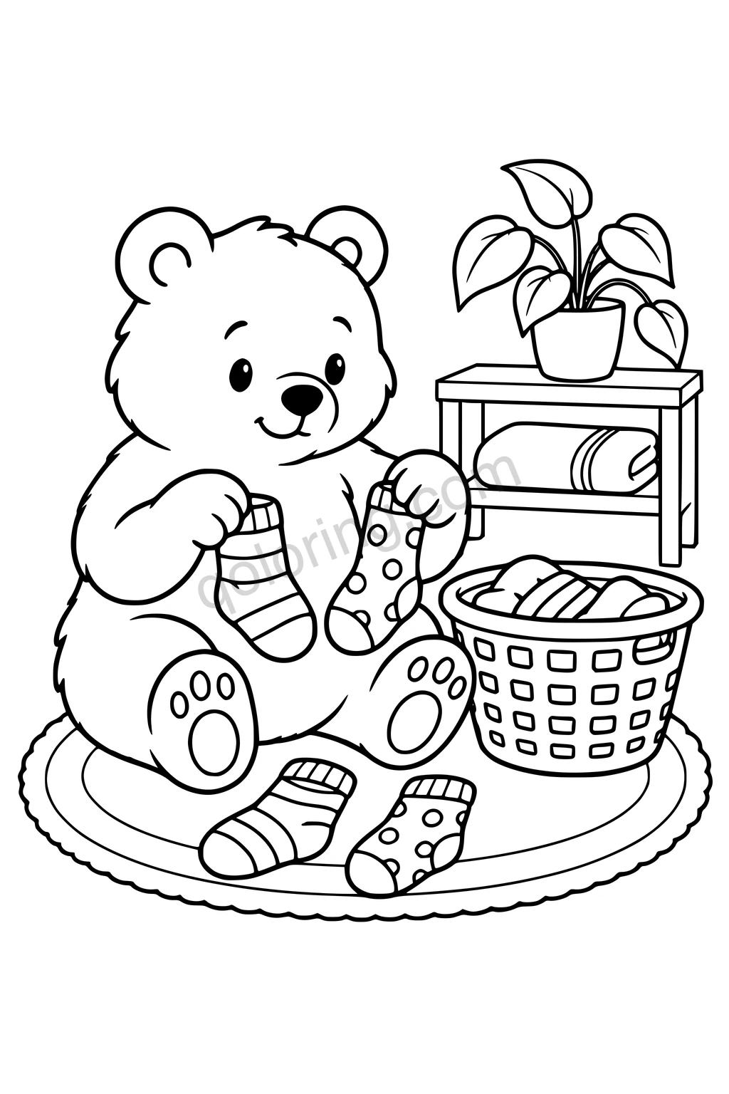 Black outline drawing of a bear sitting beside a laundry basket sorting four broad patterned socks into pairs on a rug, with a simple low shelf and a folded towel.