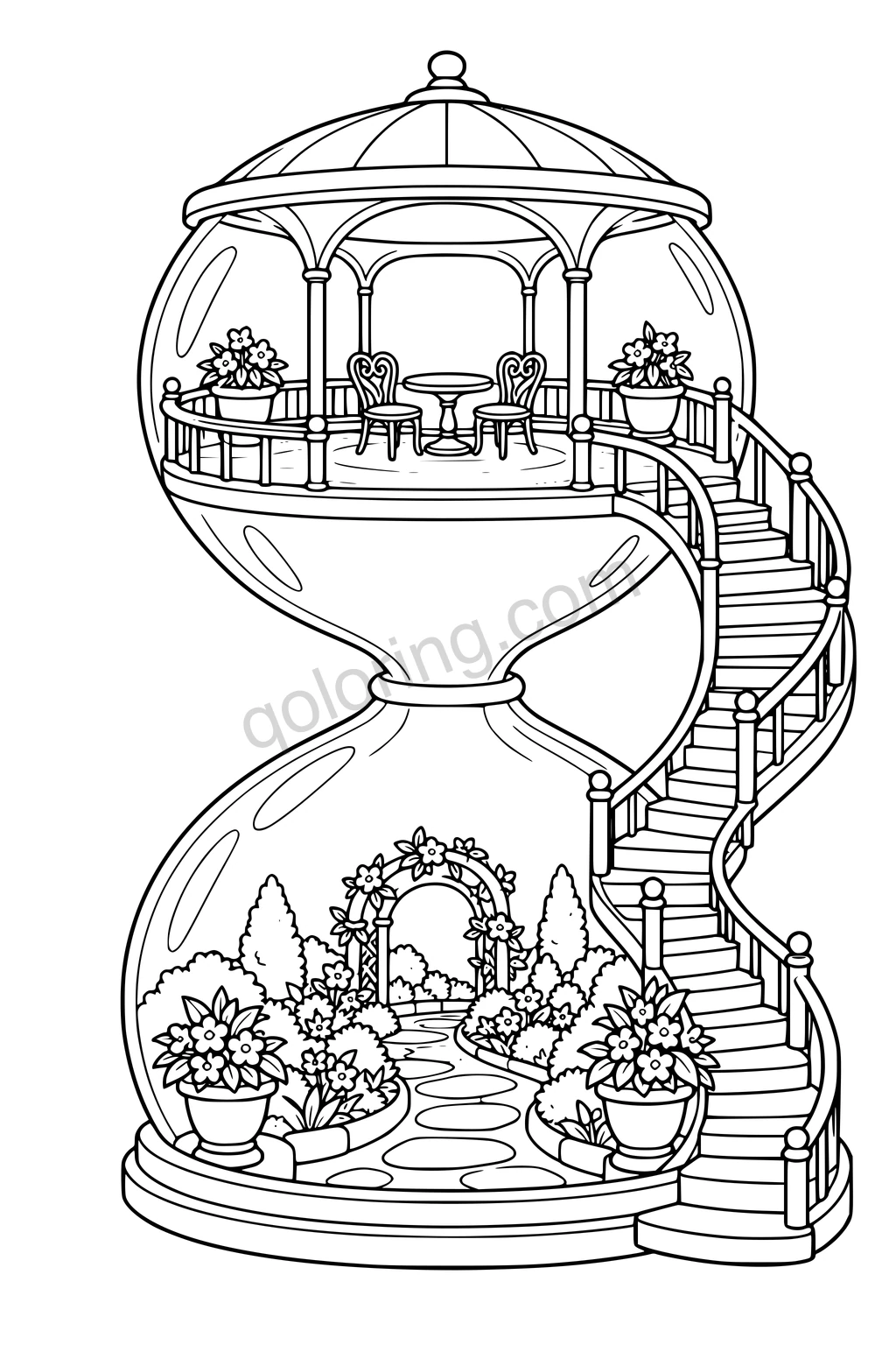 Black outline drawing of an hourglass pavilion with a balcony, flower garden and curved stair.