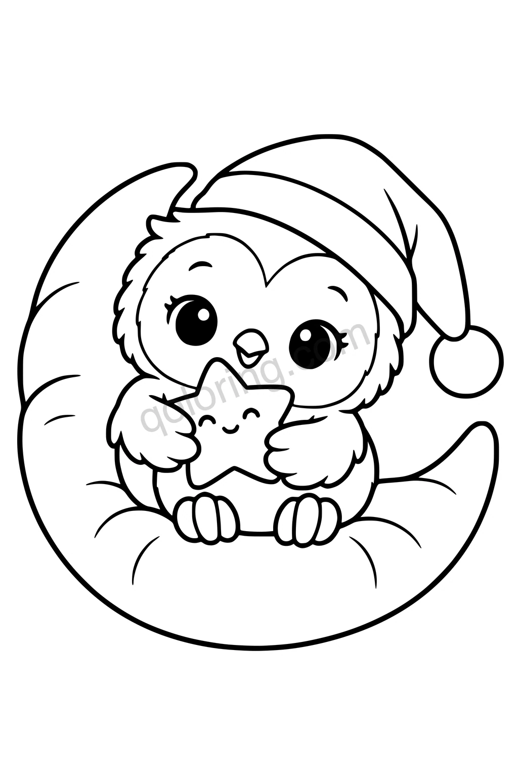 Black outline coloring page: Owlet with a Sleepy Nightcap.