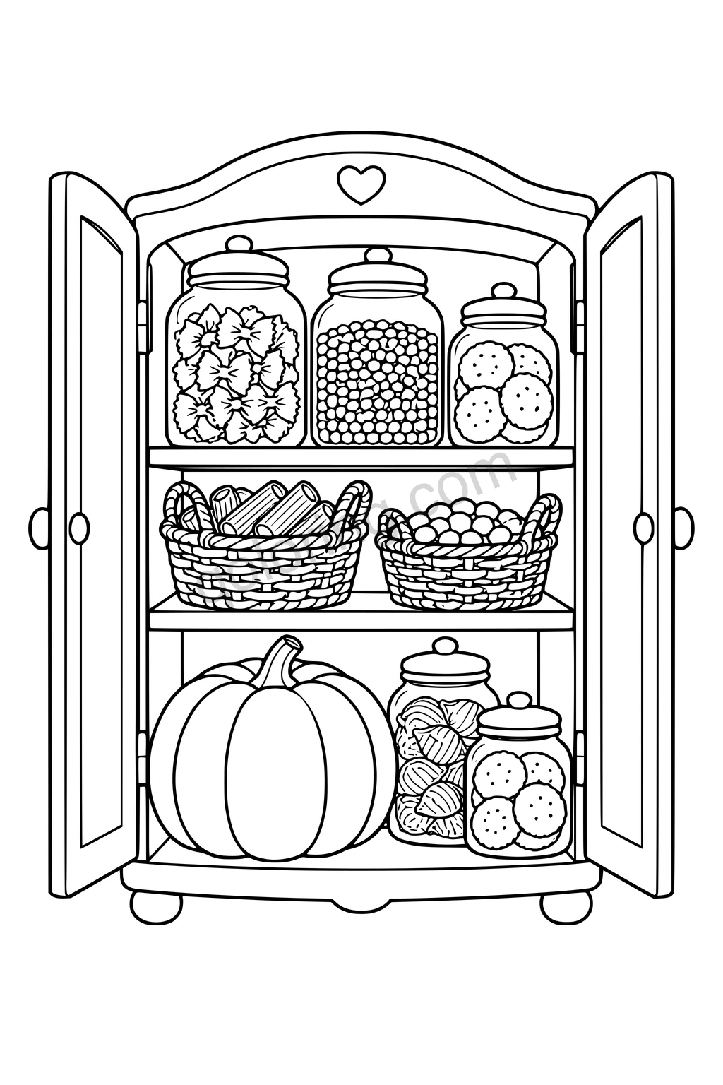 Black outline drawing of an open rounded pantry cupboard with a few spacious shelves holding broad jars of pasta, lentils and biscuits, two woven baskets and one large pumpkin, no labels.