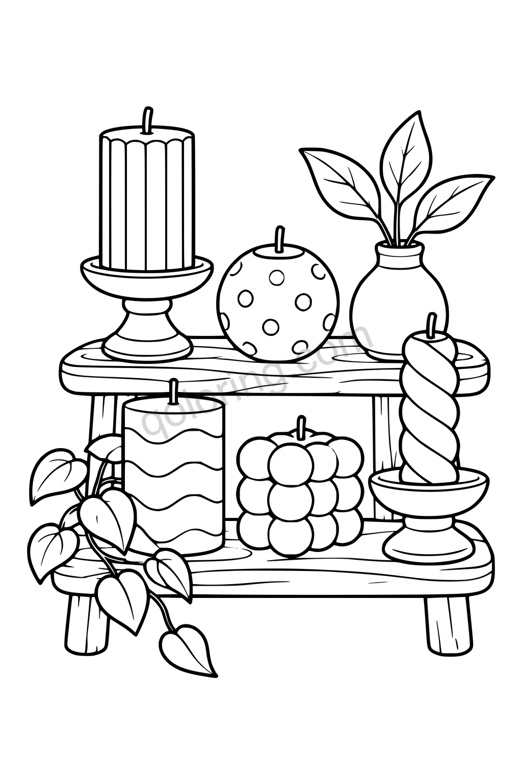 Black outline drawing of a few rounded shelves holding five large unlit candles of different shapes, two broad candle holders and a simple vase with three leaves, generous open spaces.