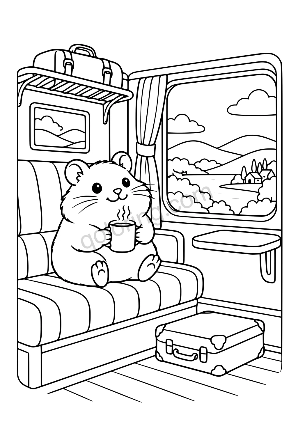 Hamster holding a mug in a train compartment with suitcases and a landscape beyond the window.
