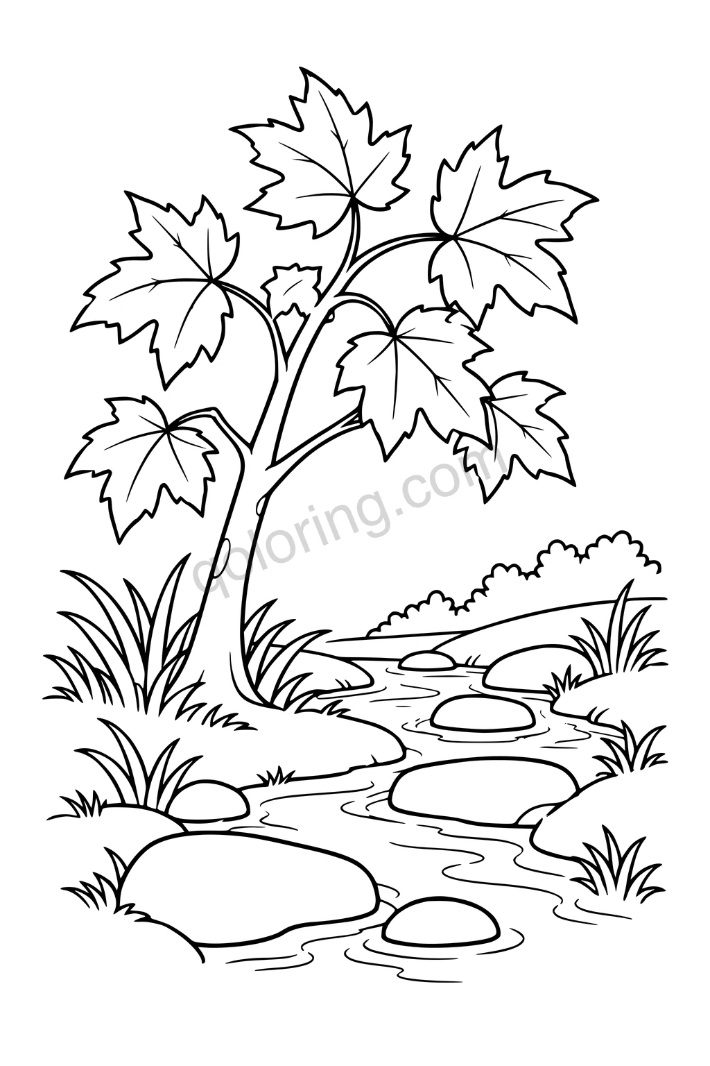 Black outline drawing of a maple sapling beside a stream with smooth stepping stones.