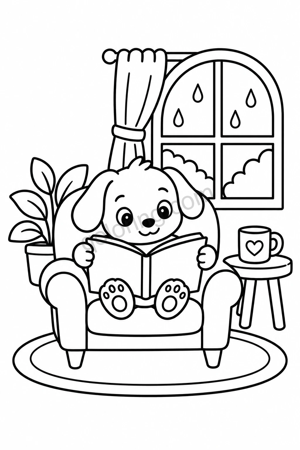 A puppy reading a book in an armchair beside a rainy window, leafy plant and heart-decorated mug.